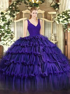 Best Purple Sleeveless Organza Zipper Quince Ball Gowns for Sweet 16 and Quinceanera