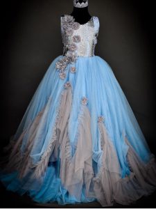 Perfect Tulle Sleeveless Floor Length Pageant Dress for Girls and Sequins and Hand Made Flower