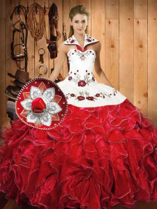 Extravagant Sleeveless Floor Length Embroidery and Ruffles Lace Up Quinceanera Dresses with White And Red