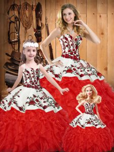 White And Red Sleeveless Satin and Organza Lace Up Quince Ball Gowns for Military Ball and Sweet 16 and Quinceanera