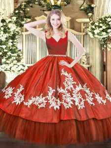 Tulle V-neck Sleeveless Zipper Beading and Appliques Quinceanera Gown in Wine Red