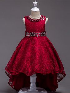 Wine Red A-line Beading Child Pageant Dress Lace Up Lace Sleeveless High Low