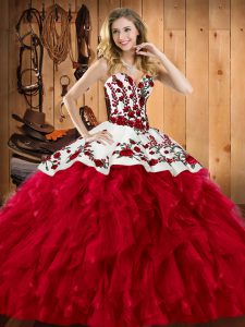 Dramatic Wine Red Sleeveless Embroidery and Ruffles Floor Length Quinceanera Gowns