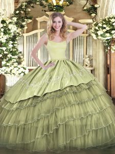 Olive Green Zipper Straps Embroidery and Ruffled Layers Sweet 16 Quinceanera Dress Organza Sleeveless