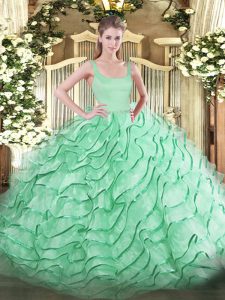 Popular Zipper Quince Ball Gowns Apple Green for Military Ball and Sweet 16 and Quinceanera with Ruffled Layers Brush Train