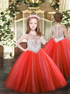 Sleeveless Floor Length Beading Zipper Custom Made Pageant Dress with Coral Red