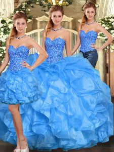 Attractive Baby Blue Lace Up Sweetheart Beading and Ruffles Quinceanera Gowns Organza Sleeveless