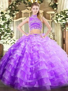 Fantastic High-neck Sleeveless Quinceanera Dress Floor Length Beading and Ruffled Layers Lavender Tulle
