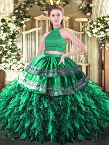 Halter Top Sleeveless 15 Quinceanera Dress Floor Length Beading and Embroidery and Ruffles Dark Green Satin and Organza