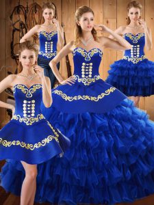 Most Popular Blue Lace Up Sweetheart Embroidery and Ruffled Layers Vestidos de Quinceanera Tulle Sleeveless