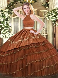 High Class Brown Sleeveless Floor Length Beading and Embroidery and Ruffled Layers Backless Sweet 16 Dress