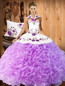 Custom Fit Sleeveless Fabric With Rolling Flowers Floor Length Lace Up Quinceanera Dress in Lilac with Embroidery