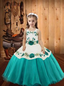 Ball Gowns Little Girls Pageant Dress Wholesale Aqua Blue Straps Organza Sleeveless Floor Length Lace Up