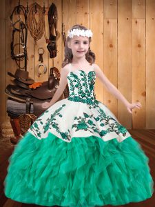 Custom Fit Turquoise Child Pageant Dress Party and Sweet 16 and Quinceanera and Wedding Party with Embroidery and Ruffles Straps Sleeveless Lace Up