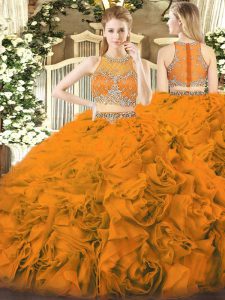 Free and Easy Orange Red Zipper Scoop Beading Quinceanera Dresses Fabric With Rolling Flowers Sleeveless