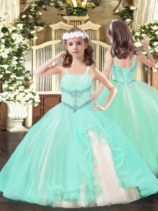 Sleeveless Floor Length Beading Lace Up Pageant Gowns For Girls with Apple Green