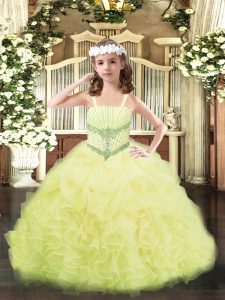 Yellow Sleeveless Floor Length Beading and Ruffles and Pick Ups Lace Up Little Girls Pageant Gowns