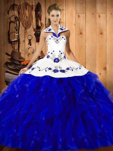 Blue And White Halter Top Lace Up Embroidery and Ruffles Quinceanera Gowns Sleeveless