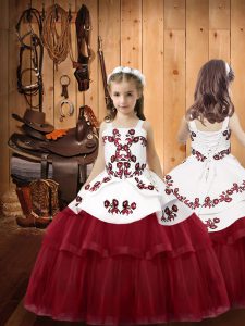 Floor Length Burgundy Pageant Gowns For Girls Straps Sleeveless Lace Up