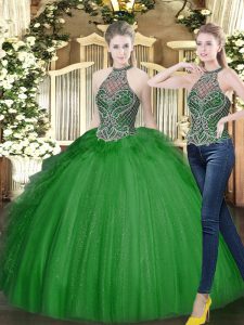 Luxury Dark Green Lace Up High-neck Beading and Ruffles Quince Ball Gowns Tulle Sleeveless
