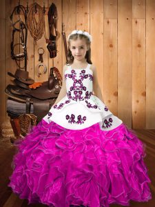 Amazing Fuchsia Ball Gowns Embroidery and Ruffles Little Girl Pageant Gowns Lace Up Organza Sleeveless Floor Length