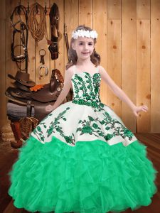 Dazzling Floor Length Ball Gowns Sleeveless Turquoise Little Girls Pageant Dress Lace Up