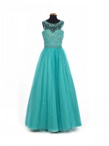 Customized Teal Tulle Lace Up Winning Pageant Gowns Sleeveless Floor Length Beading