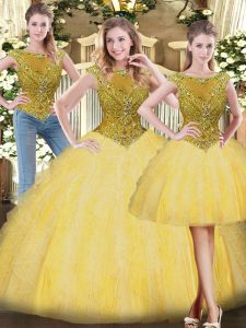 Floor Length Zipper Sweet 16 Dresses Gold for Military Ball and Sweet 16 and Quinceanera with Beading and Ruffles