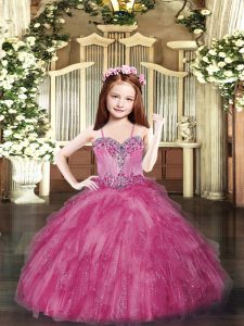 Hot Pink Sleeveless Floor Length Beading and Ruffles Lace Up Little Girl Pageant Dress