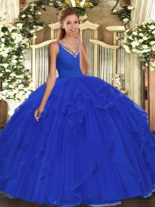 Flare V-neck Sleeveless Organza Ball Gown Prom Dress Ruffles Backless