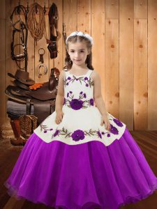 Fashionable Purple Lace Up Straps Embroidery Girls Pageant Dresses Organza Sleeveless