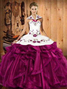 Custom Design Sleeveless Organza Floor Length Lace Up Quinceanera Dress in Fuchsia with Embroidery and Ruffles