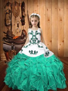 Pretty Turquoise Sleeveless Embroidery and Ruffles Floor Length Kids Formal Wear