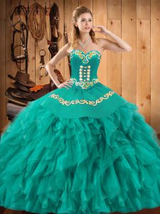 Floor Length Turquoise 15th Birthday Dress Satin and Organza Sleeveless Embroidery and Ruffles