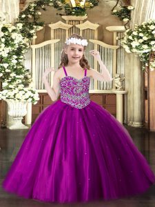 Straps Sleeveless Little Girls Pageant Dress Floor Length Beading Fuchsia Tulle