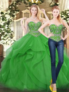 Sleeveless Tulle Floor Length Lace Up Sweet 16 Dresses in Green with Beading and Ruffles