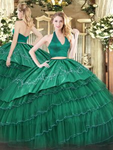 Glamorous Dark Green Organza and Taffeta Zipper Halter Top Sleeveless Floor Length 15th Birthday Dress Embroidery and Ruffled Layers