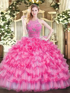 Sexy Hot Pink Sleeveless Beading and Ruffled Layers Floor Length Quinceanera Dress