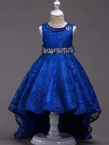 Inexpensive Beading Little Girls Pageant Dress Wholesale Royal Blue Lace Up Sleeveless High Low