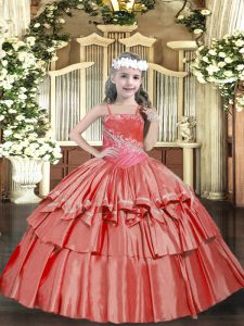 Excellent Coral Red Sleeveless Beading and Ruffled Layers Floor Length Winning Pageant Gowns
