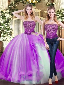 Modern Strapless Sleeveless Tulle Sweet 16 Dress Beading and Ruffles Lace Up