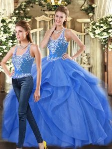 Excellent Sleeveless Floor Length Beading and Ruffles Lace Up 15 Quinceanera Dress with Blue