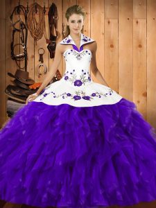 Modest Halter Top Sleeveless Satin and Organza 15 Quinceanera Dress Embroidery and Ruffles Lace Up
