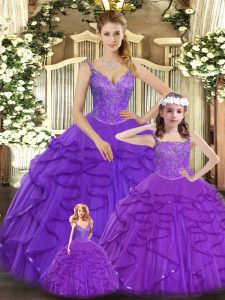 Floor Length Purple Vestidos de Quinceanera Organza Sleeveless Beading and Ruffles