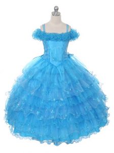 Off The Shoulder Sleeveless Organza Kids Pageant Dress Ruffles and Ruffled Layers Lace Up