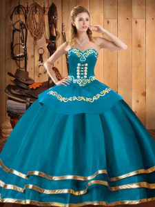 Sleeveless Organza Floor Length Lace Up Quinceanera Dresses in Teal with Embroidery