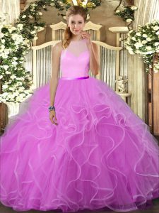 Modern Lilac Ball Gowns High-neck Sleeveless Tulle Floor Length Backless Ruffles Quince Ball Gowns