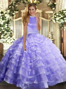 Fantastic Halter Top Sleeveless Sweet 16 Dress Floor Length Beading and Ruffled Layers Lavender Organza
