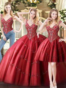 Fantastic V-neck Sleeveless Sweet 16 Dress Floor Length Beading Wine Red Tulle