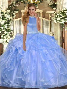 Delicate Blue Ball Gowns Beading and Ruffles Quinceanera Gowns Backless Organza Sleeveless Floor Length
